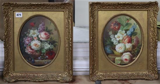 F. Suzan, pair of oils on board, Still lifes of flowers in baskets, signed, 25 x 19cm
